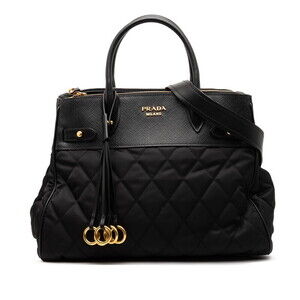 Prada Quilted Handbag Shoulder Bag Black Nylon Saffiano Leather